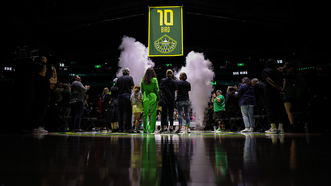 Sue Bird watches her jersey rise during her jersey retirement ceremony after the game between the Seattle Storm and the Washington Mystics.