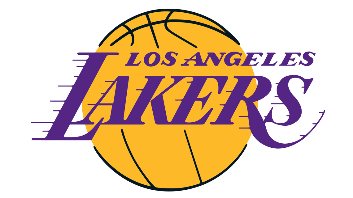 Los Angeles Lakers logo with a basketball in the background.
