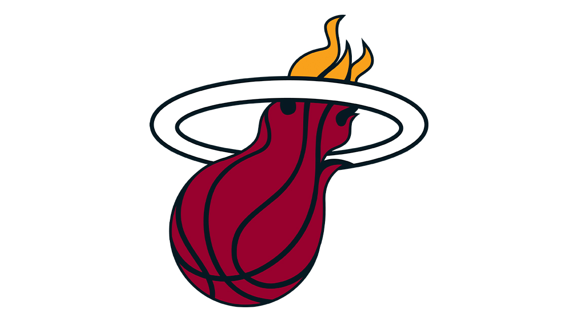 Logo for the basketball team, Miami Heat, with a basketball with flames going through a hoop.