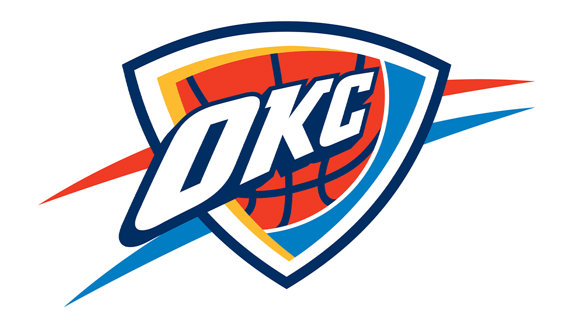 Logo for the basketball team, Oklahoma City Thunder, with letters O K C on a shield with a basketball.