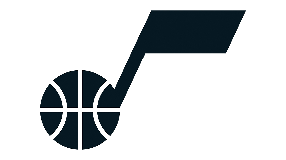 Logo for the basketball team, Utah Jazz, with a basketball combined with a music note forming the letter, J.