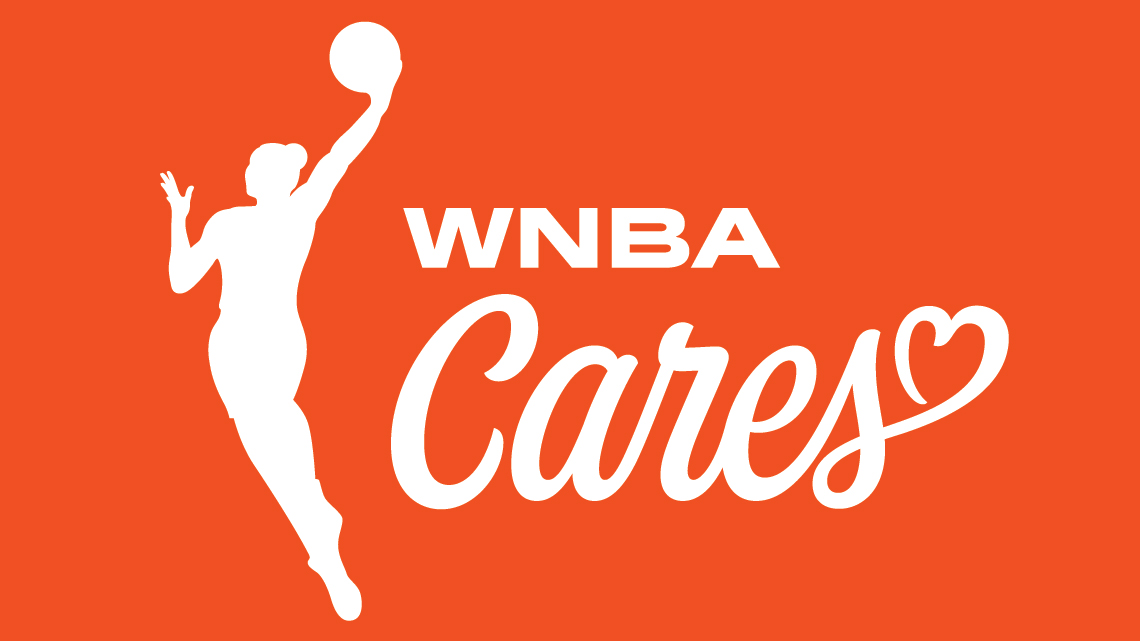 WNBA Cares logo with the logo woman holding a basketball in their outstretched hand, while in a jumping position.