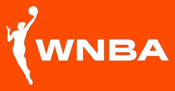 The WNBA logo of a basketball player jumping while shooting the basketball. Letters W N B A are centred to the right of the logo.