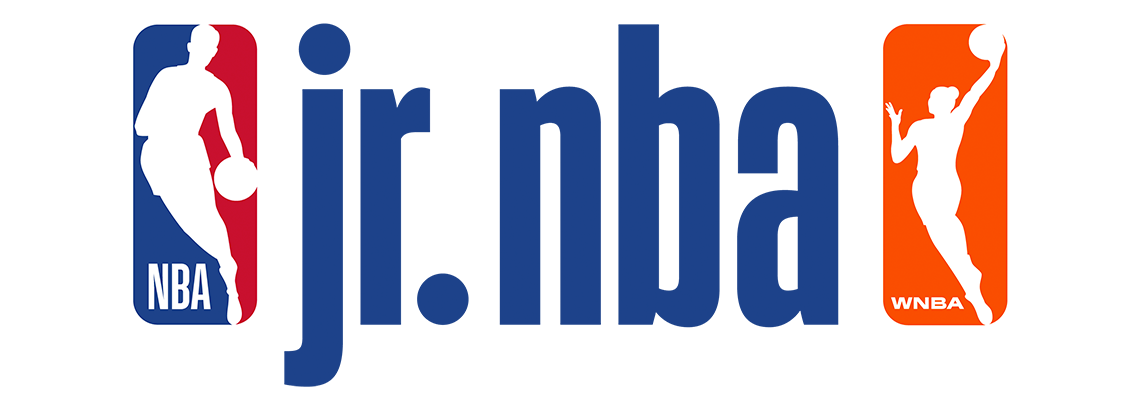 Junior N B A logo (jr.nba) surrounded by the logoman bouncing a ball, and the W N B A logo of the player jumping to dunk the basketball.