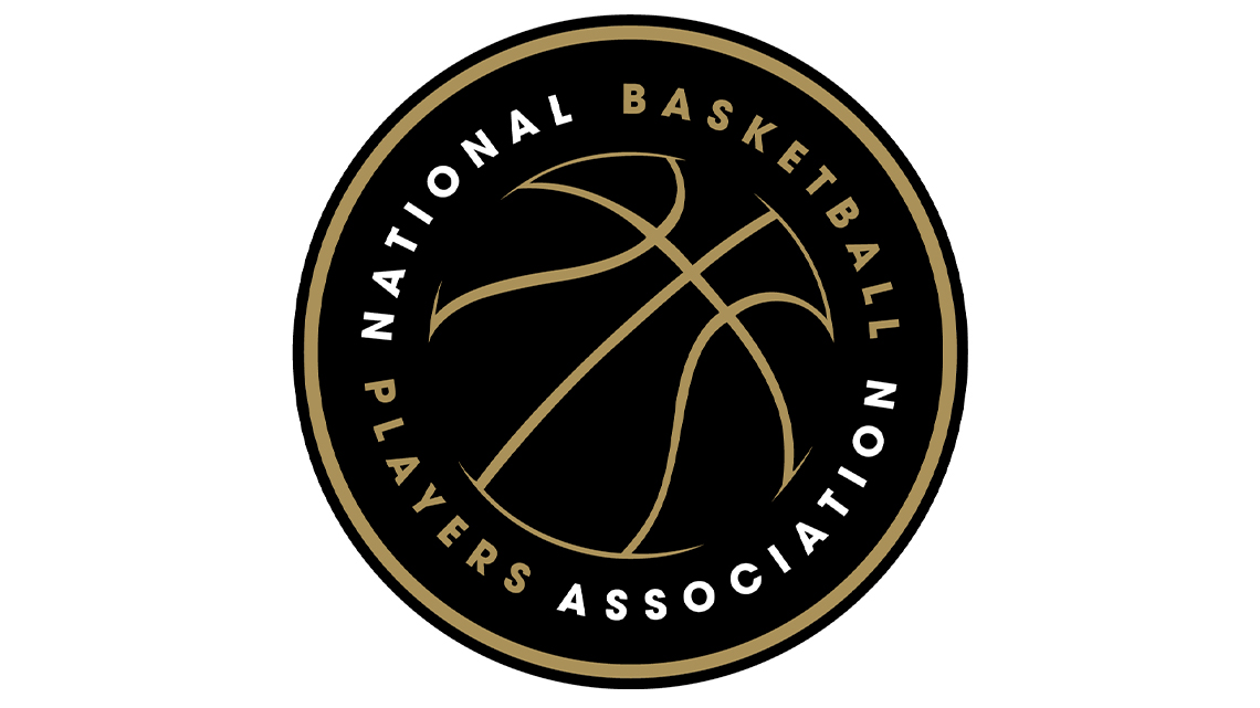 Logo for NBPA (National Basketball Players Association) surrounding a basketball outline.