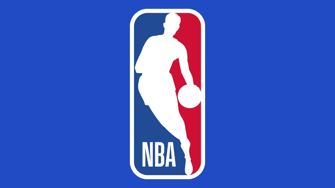 The NBA logo of a basketball player bouncing the basketball while running on a two coloured background. Letters N B A in the bottom corner.
