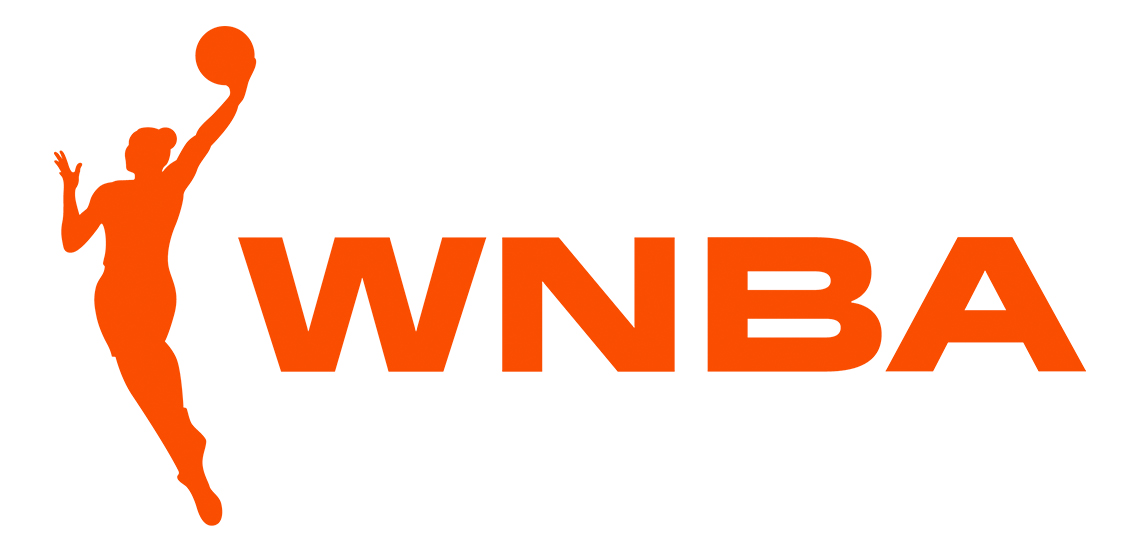 The WNBA logo of a basketball player jumping while shooting the basketball. Letters W N B A are centred to the right of the logo.