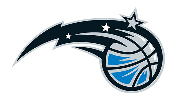 Logo for the basketball team, Orlando Magic, with a basketball mid-air with three stars.
